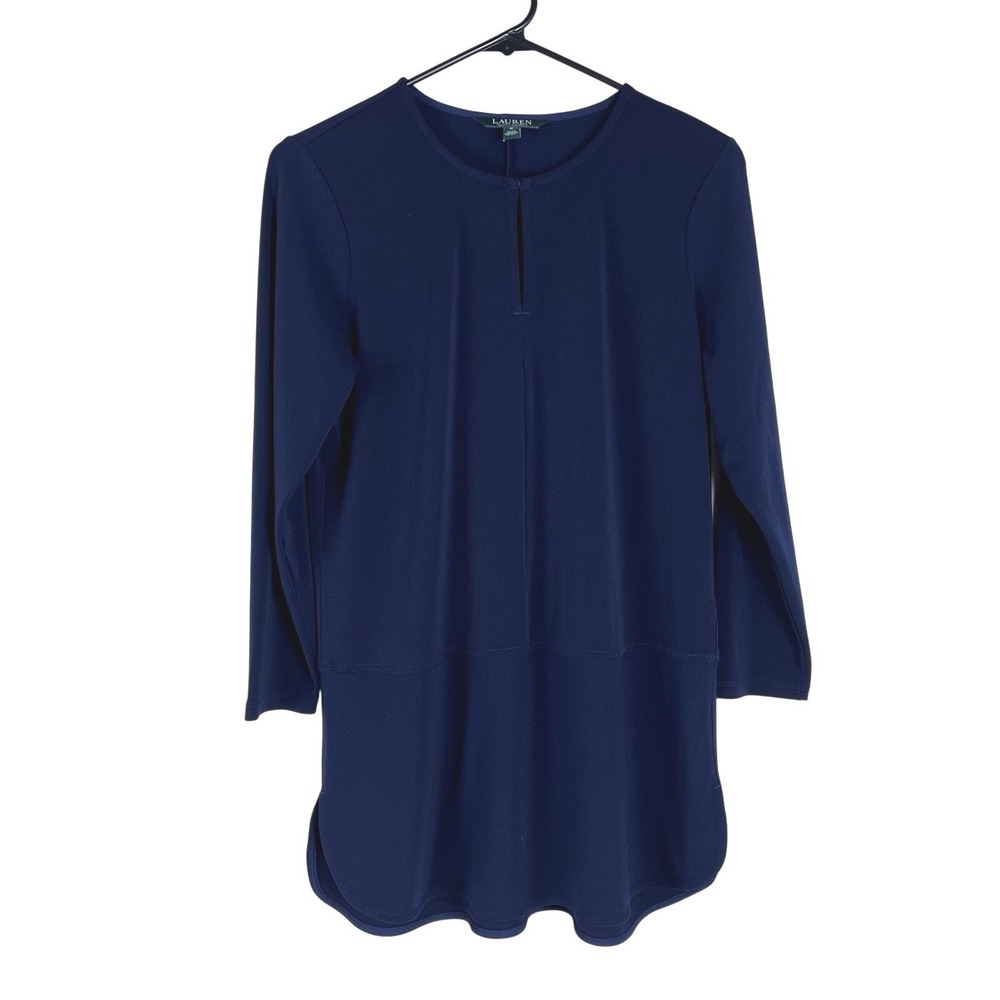 Lauren Ralph Lauren Womens M Tunic Navy Blue Keyhole Layered Hem Knit Top Blouse